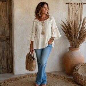 Sunny Studio Blouse Womens Gold Sequin Star Peasant Pom Pom Coin Bell Sleeve TU